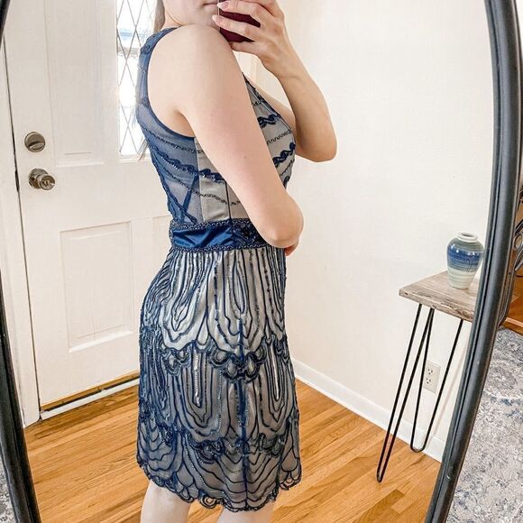 Sue Wong Beaded Sequin Flapper Mini Dress Blue 10 - Picture 2 of 7